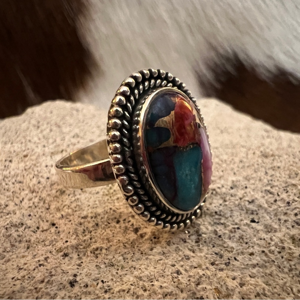 ❤️ Kingman Pink Spiny Oyster Turquoise / Pink Dahlia Navajo Sterling Ring Size 5 - Picture 5 of 15